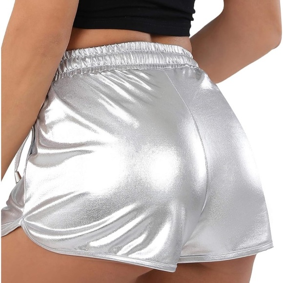 POSHDIVAH Metallic Shorts Shiny with Elastic Drawstring Size Medium NWOT - Picture 4 of 6